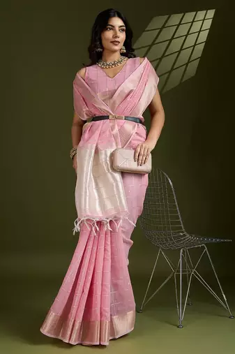 pink solid tissue saree with blouse