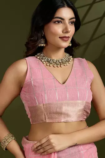 pink solid tissue saree with blouse