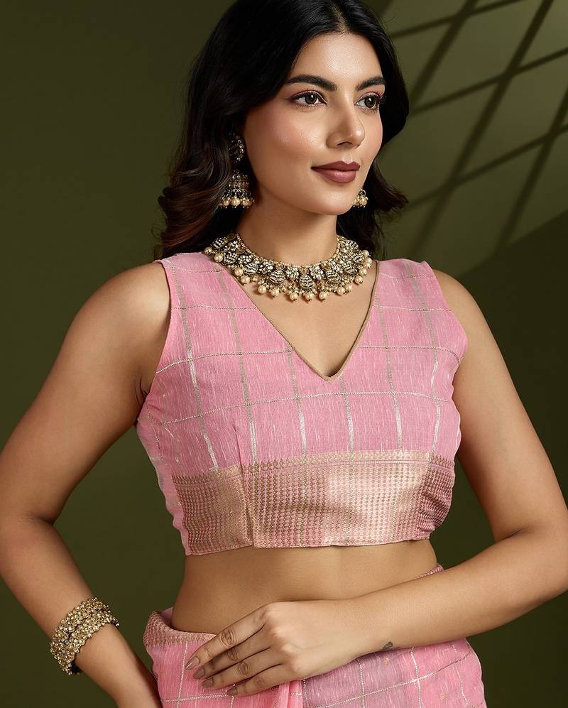 pink solid tissue saree with blouse