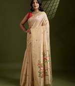 beige solid blended cotton saree with blouse