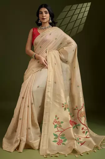 beige solid blended cotton saree with blouse