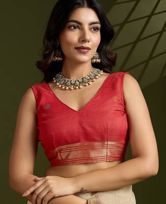 beige solid blended cotton saree with blouse 4
