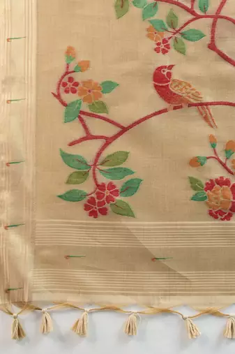 beige solid blended cotton saree with blouse