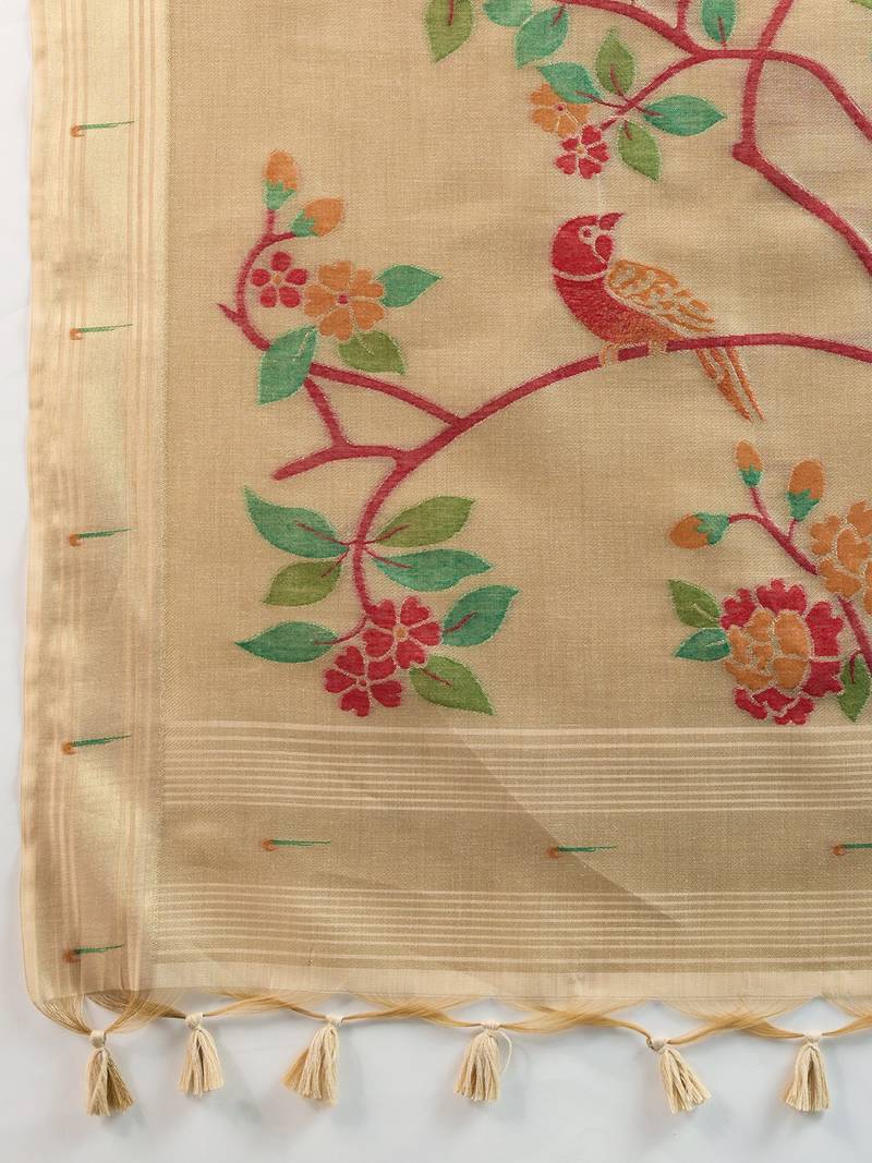 beige solid blended cotton saree with blouse