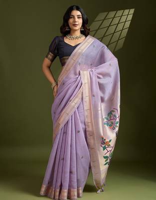 lavender solid blended cotton saree with blouse 1