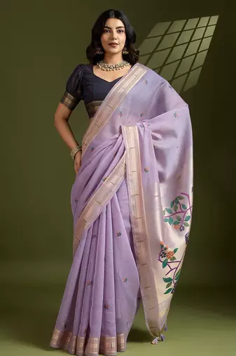 lavender solid blended cotton saree with blouse