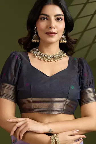 lavender solid blended cotton saree with blouse