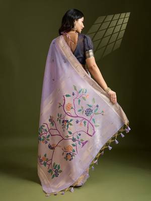 lavender solid blended cotton saree with blouse 4