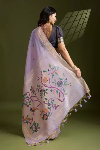 lavender solid blended cotton saree with blouse