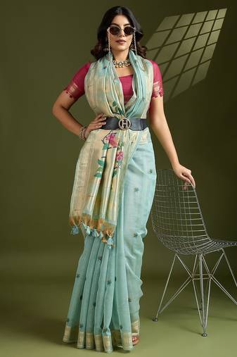 light blue solid blended cotton saree with blouse