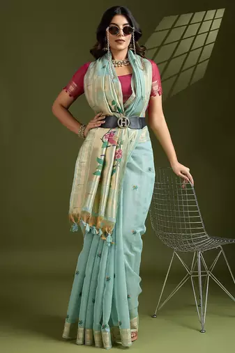 light blue solid blended cotton saree with blouse