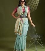 light blue solid blended cotton saree with blouse