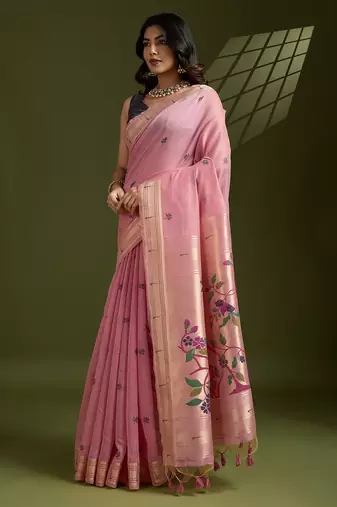 pink solid blended cotton saree with blouse