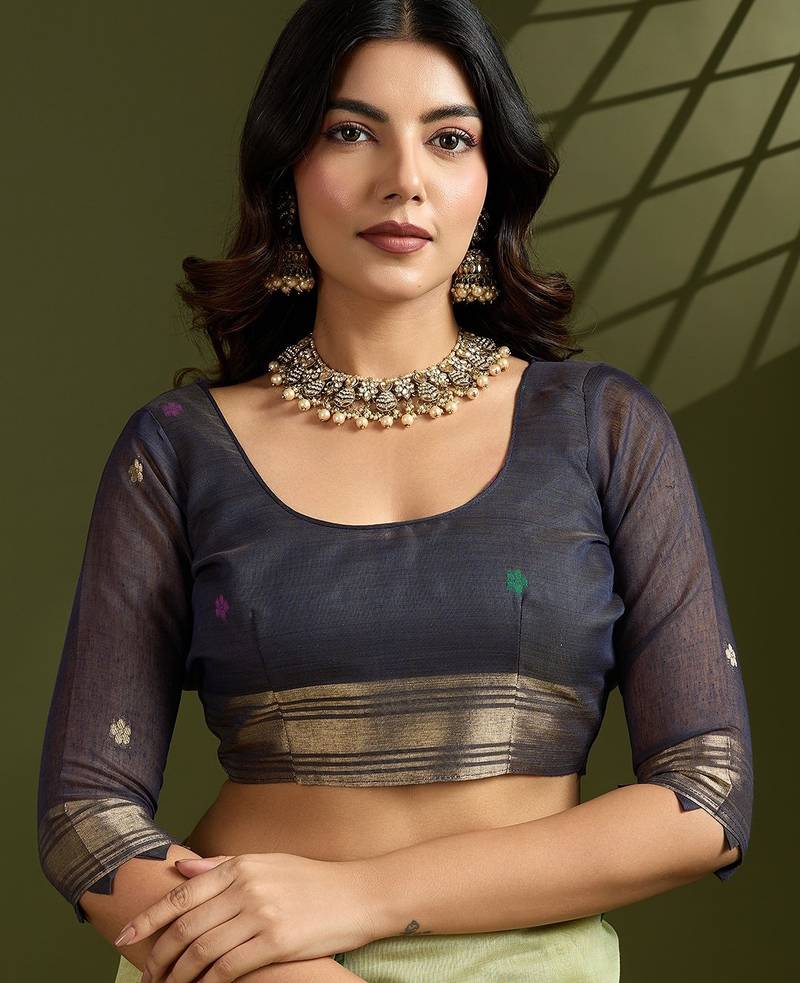 green solid blended cotton saree with blouse