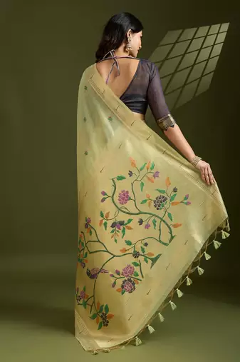 green solid blended cotton saree with blouse