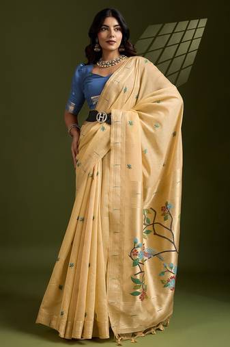 yellow solid blended cotton saree with blouse