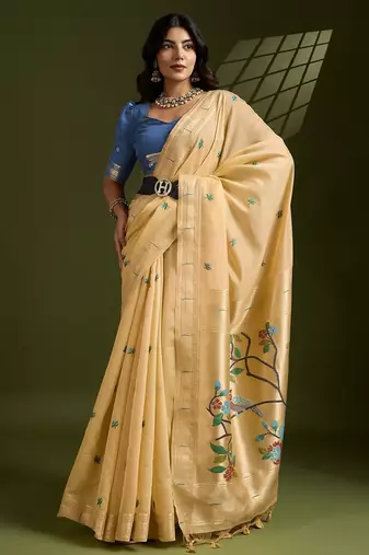 yellow solid blended cotton saree with blouse