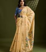 yellow solid blended cotton saree with blouse