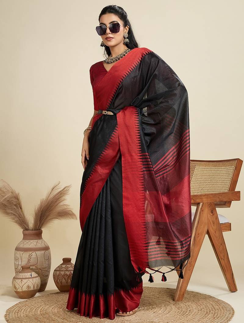 black solid raw silk blend saree with blouse