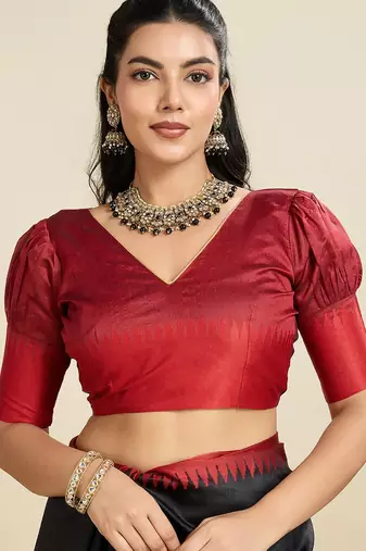 black solid raw silk blend saree with blouse