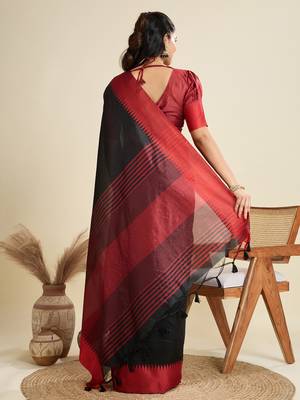 black solid raw silk blend saree with blouse 4