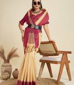 cream solid raw silk blend saree with blouse
