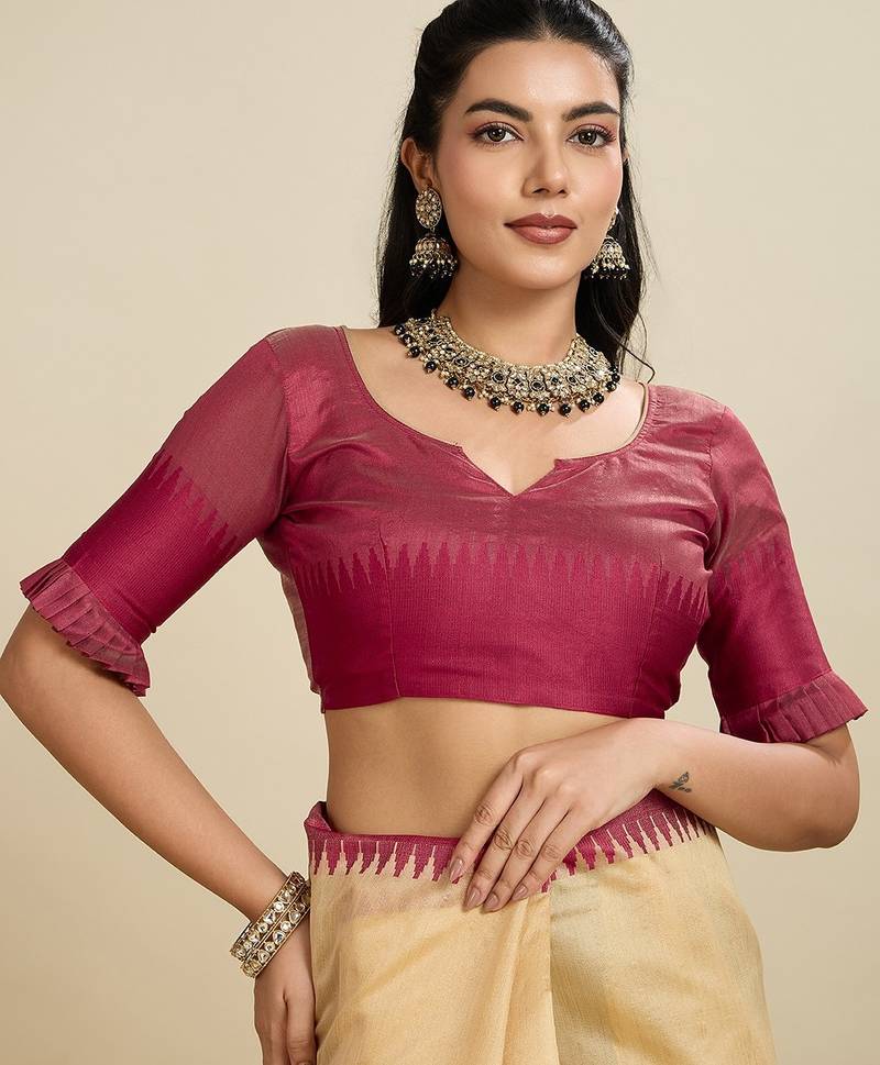 cream solid raw silk blend saree with blouse