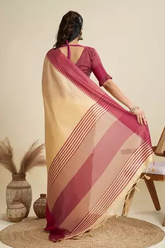 cream solid raw silk blend saree with blouse