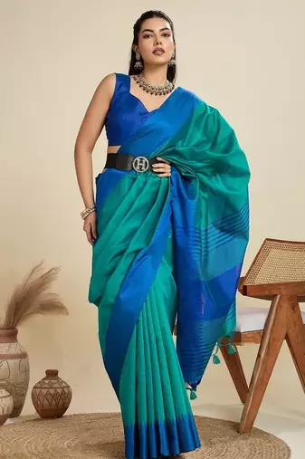 blue solid raw silk blend saree with blouse