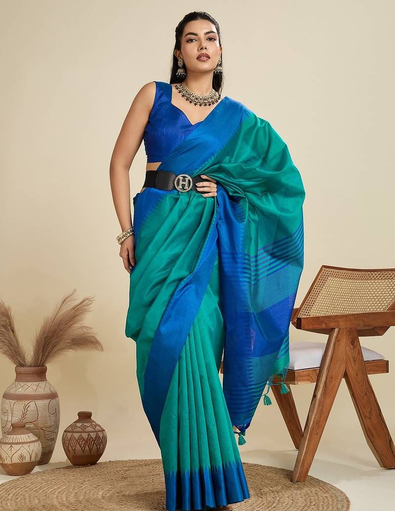 blue solid raw silk blend saree with blouse