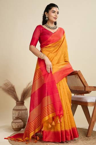 orange solid raw silk blend saree with blouse