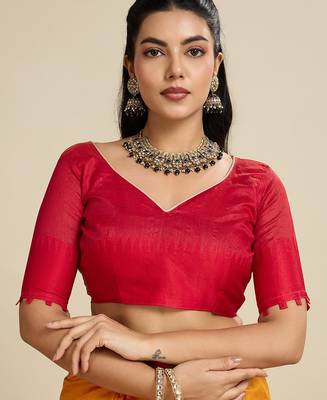 orange solid raw silk blend saree with blouse 2