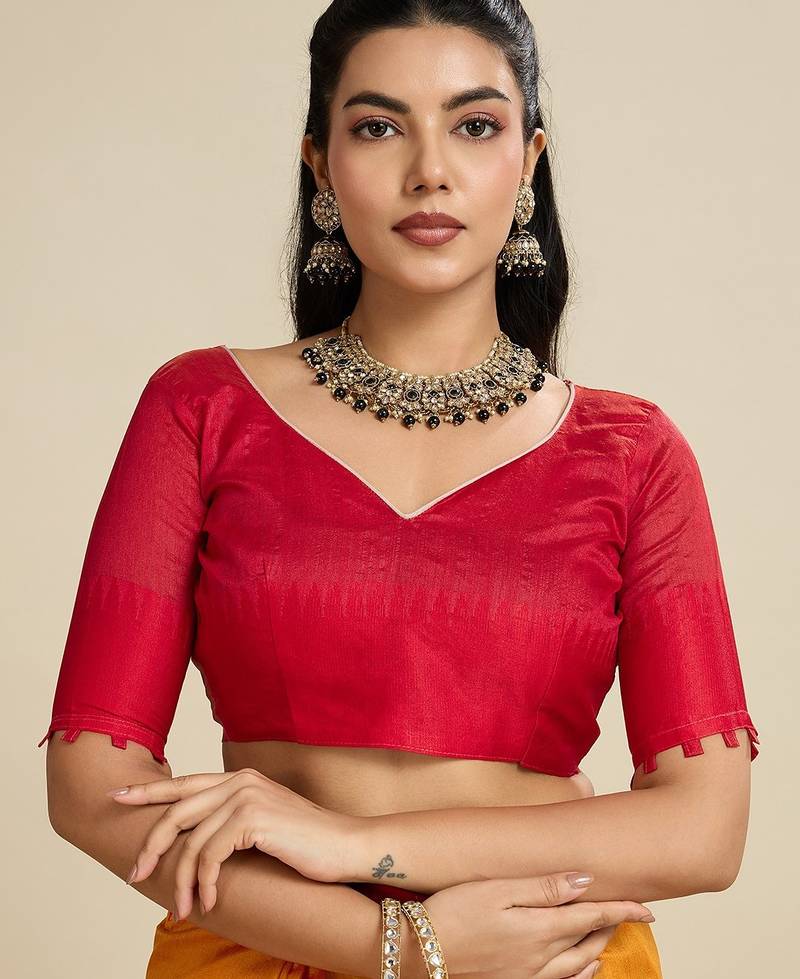 orange solid raw silk blend saree with blouse