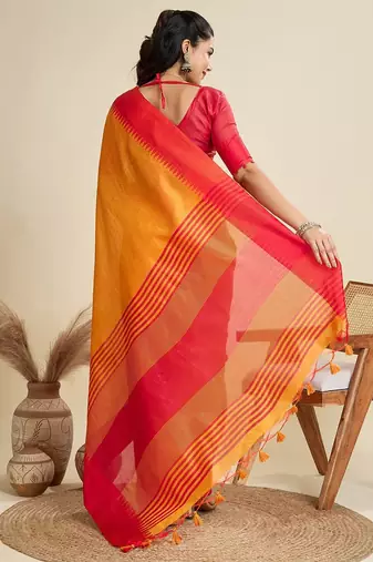 orange solid raw silk blend saree with blouse