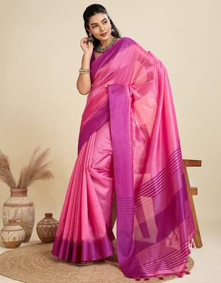 pink solid raw silk blend saree with blouse 1