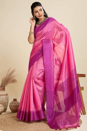 pink solid raw silk blend saree with blouse