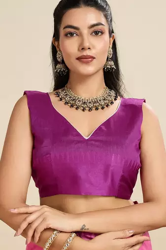 pink solid raw silk blend saree with blouse