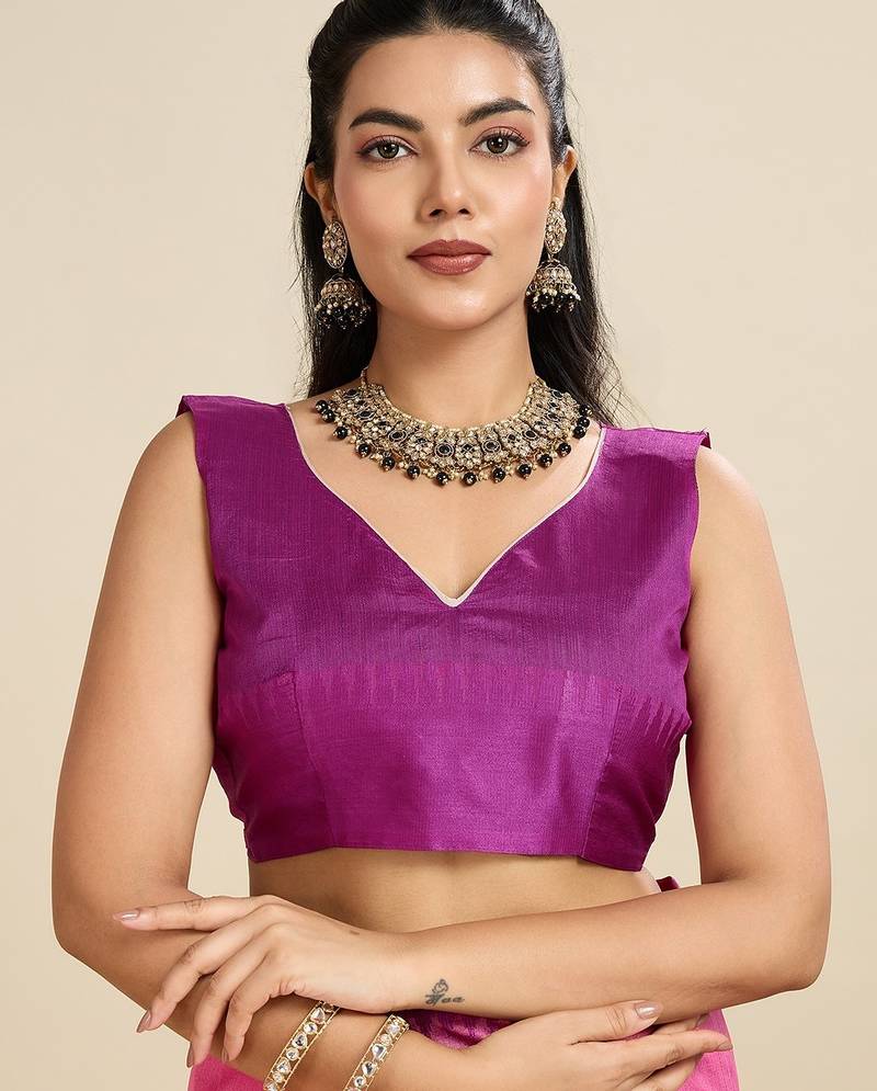 pink solid raw silk blend saree with blouse