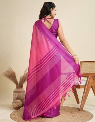 pink solid raw silk blend saree with blouse 4