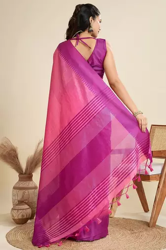 pink solid raw silk blend saree with blouse