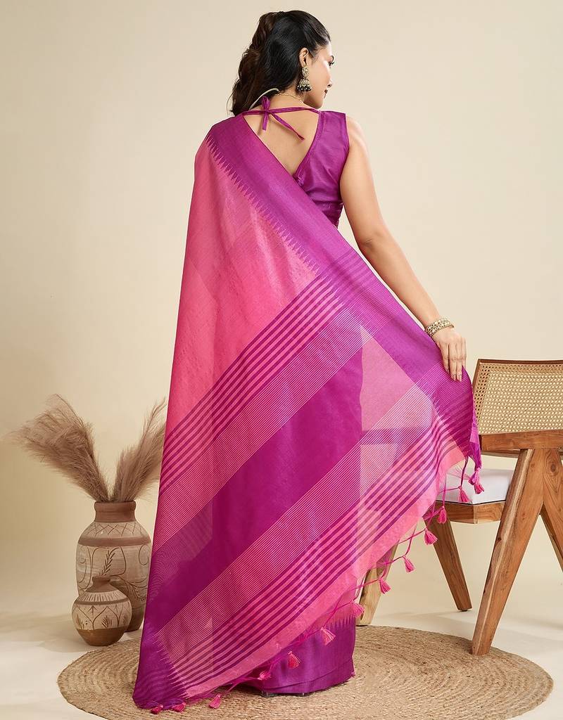pink solid raw silk blend saree with blouse