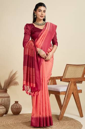 red solid raw silk blend saree with blouse