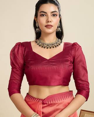 red solid raw silk blend saree with blouse 2