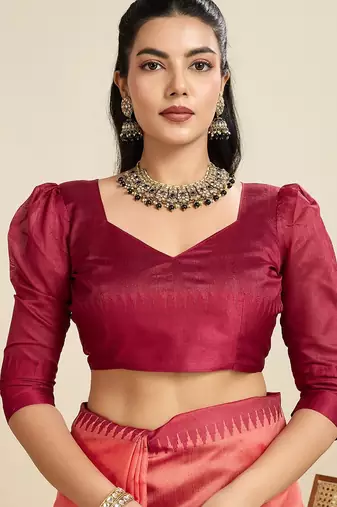 red solid raw silk blend saree with blouse