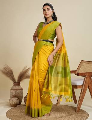 yellow solid raw silk blend saree with blouse 1