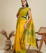 yellow solid raw silk blend saree with blouse