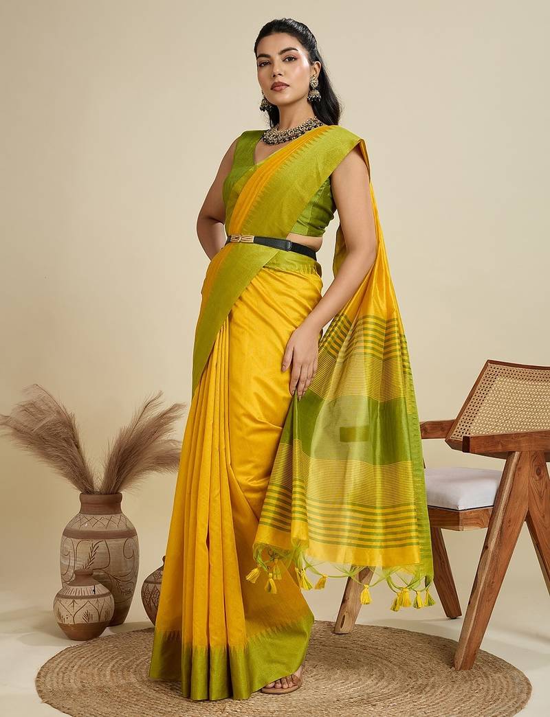 yellow solid raw silk blend saree with blouse