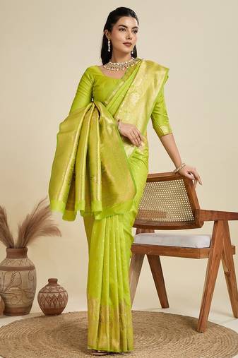 Green solid silk blend saree with blouse