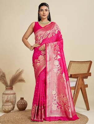 Pink solid silk blend saree with blouse 1