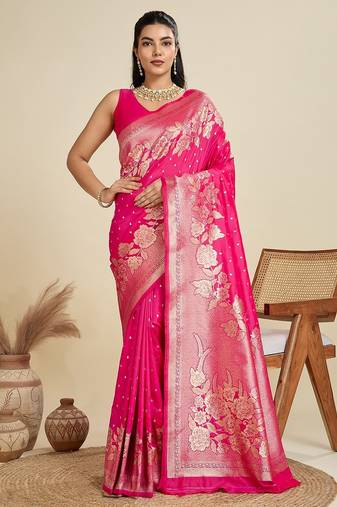 Pink solid silk blend saree with blouse